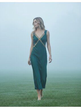 NWT Reformation Petite Provence in Forest Green Silk Satin Midi Dress MP PM